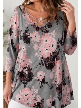 Crepas Women's Plus 3XL Gray Pink Black Floral Tunic Top 3/4 Sleeve Pockets